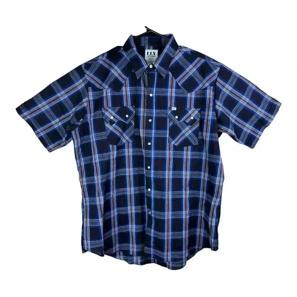 Ely Cattleman Red Blue Western Pearl Snap Plaid SHORT SLEEVE BUTTON UP SHIRT XL - Picture 1 of 10